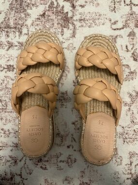 Braided Double-Strap Slide Sandals in Nude Tan